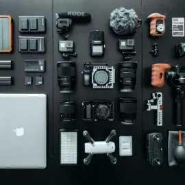 Picture of different technology for laptops, cameras, video recorders, etc